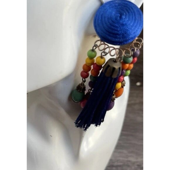Vintage Earrings Large Long Blue Multi Color Boho Circle Clip On Fringe 80s 90 - Picture 6 of 10